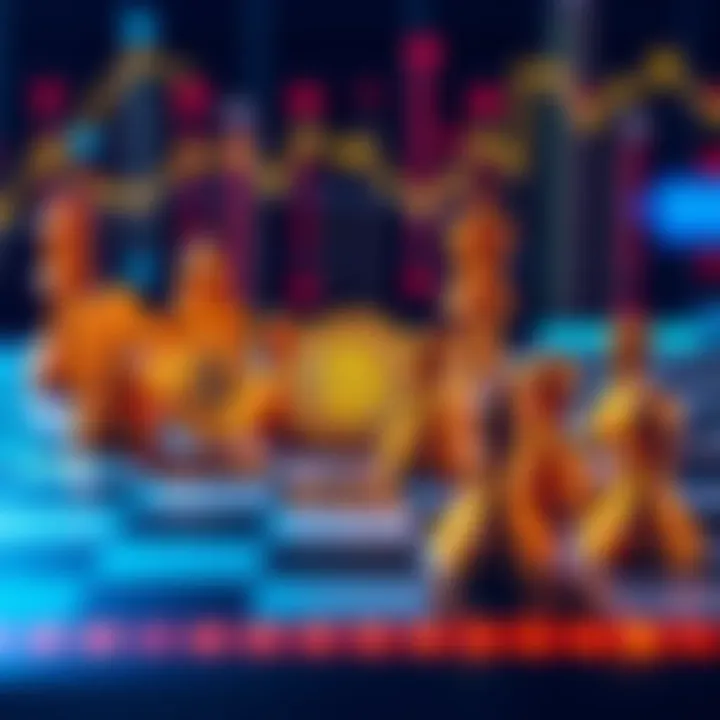 A chessboard with cryptocurrency symbols as pieces, representing strategic moves in the market