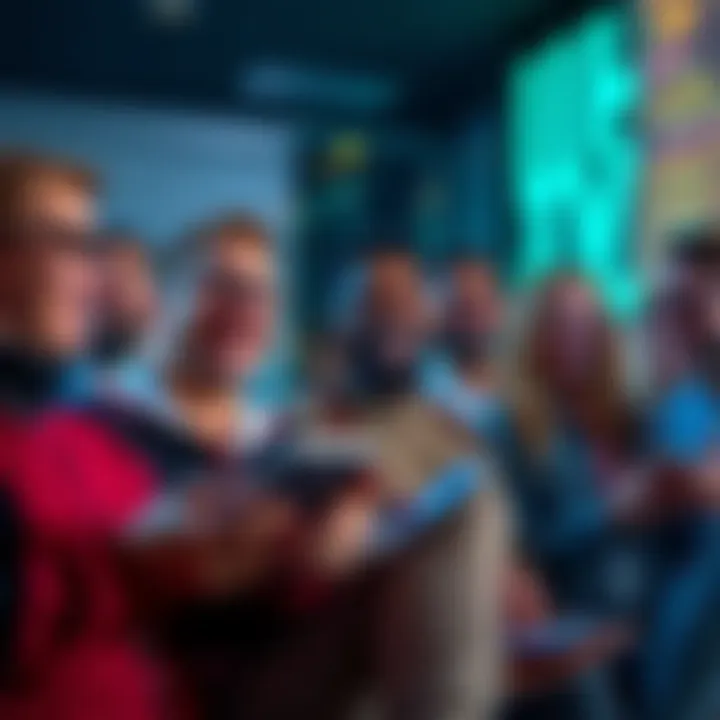 Group of people laughing and reacting to funny posts about selling cryptocurrency on their devices