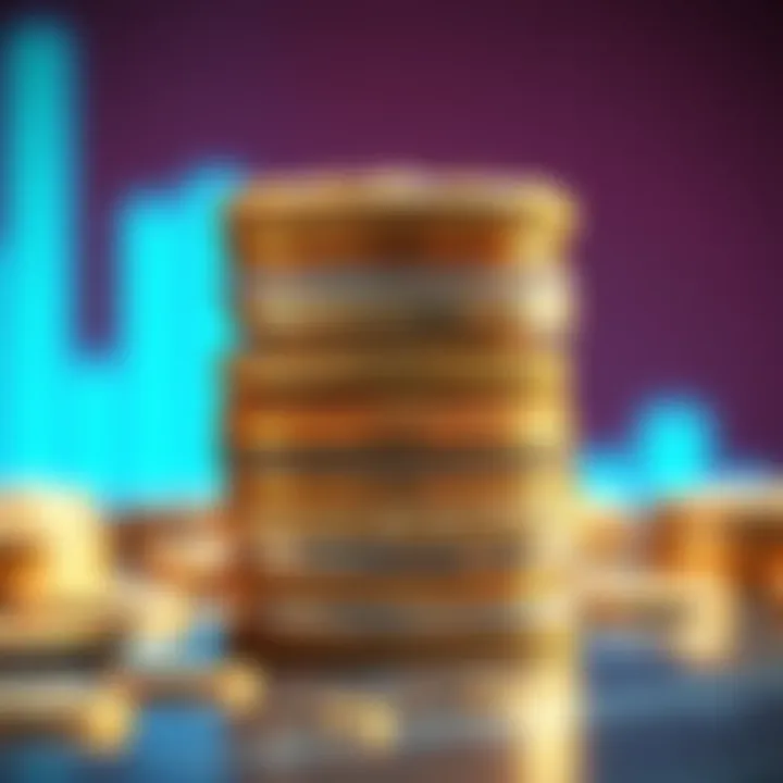 Crypto Coins on a Stack A close-up of shiny cryptocurrency coins stacked on top of each other, symbolizing investment and accumulation during low market prices.
