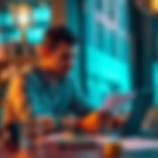 Individual sitting at a table, looking at paperwork with a laptop open, discussing crypto collateral loans for buying a house