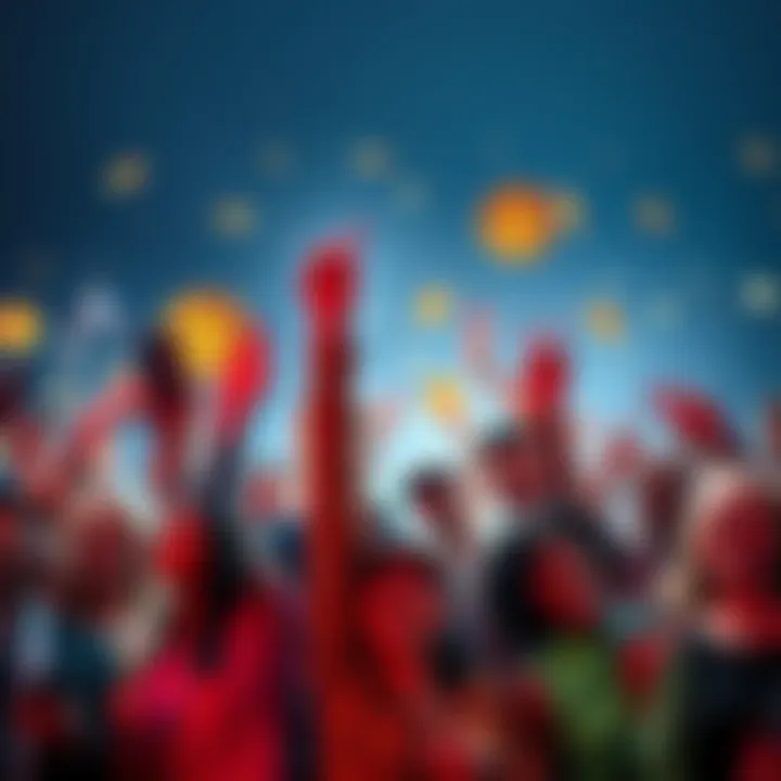 A group of diverse people celebrating with digital assets in hand, showing excitement for the crypto market revival.