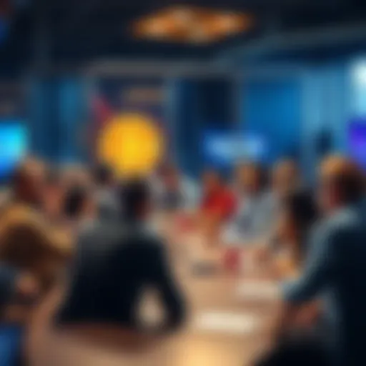 A diverse group of people discussing strategies for fair memecoin distribution at a roundtable.