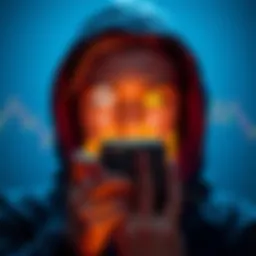 A graphic of a worried person holding a phone, looking at a cryptocurrency chart with warning signs