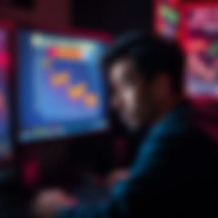 A worried person looking at a computer screen showing declining cryptocurrency values and warning messages about exchange risks.
