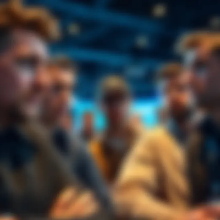 A group of people at a crypto conference looking concerned while discussing digital currency issues.