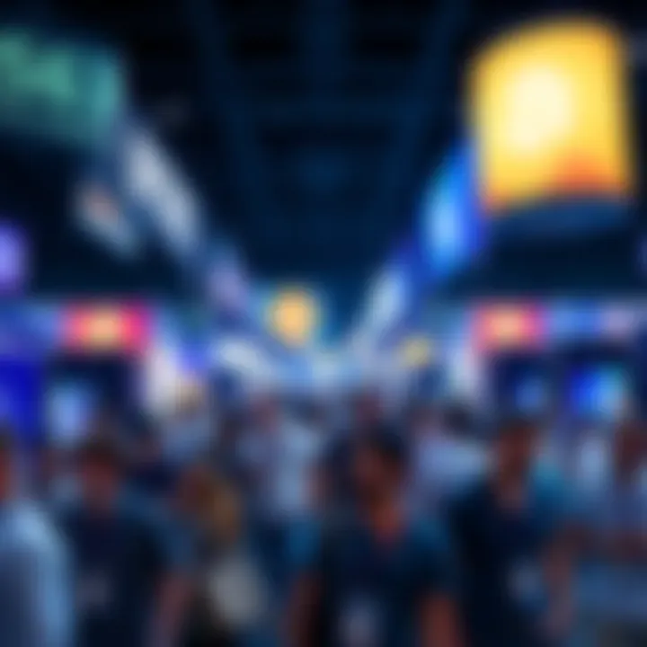 A diverse group of people networking at a vibrant crypto conference, showcasing banners and digital displays related to Bitcoin and blockchain technology.