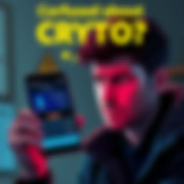 A confused individual looking at a smartphone displaying cryptocurrency prices and scam warnings