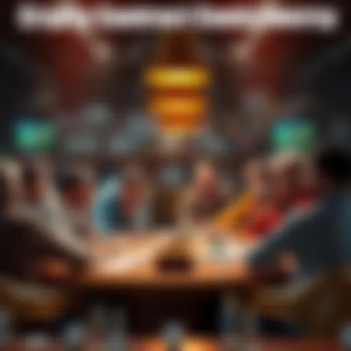 A chaotic scene with people discussing around a table, highlighting a dispute over a crypto gambling contract