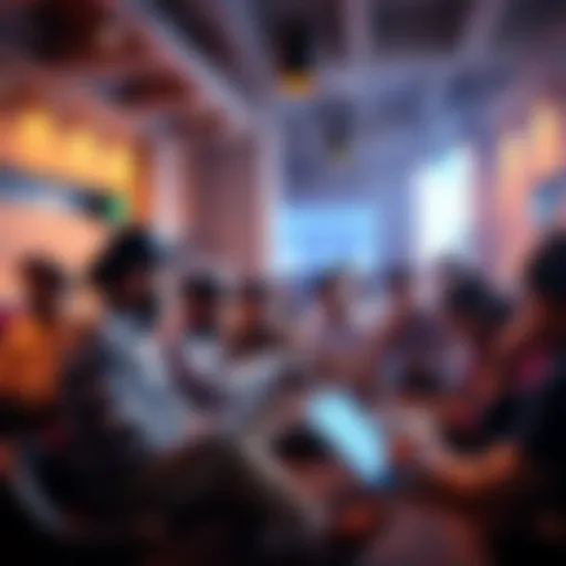 A group of people discussing blockchain topics in a lively setting in Delhi, with laptops and phones visible