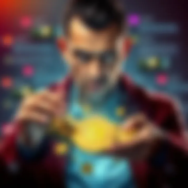 A person boasting about their cryptocurrency wallet filled with assets, with an expression of arrogance. Background shows chat messages hinting at disputes.