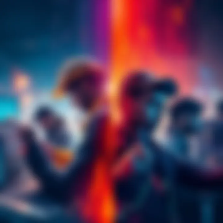 Crypto Culture Groups A split image showing two groups of people in the cryptocurrency community; one side with builders working on technology, and the other side featuring traders analyzing charts.