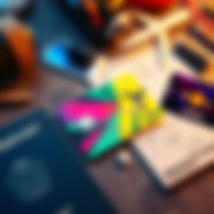 A colorful crypto debit card next to a passport, airplane ticket, and travel accessories on a table