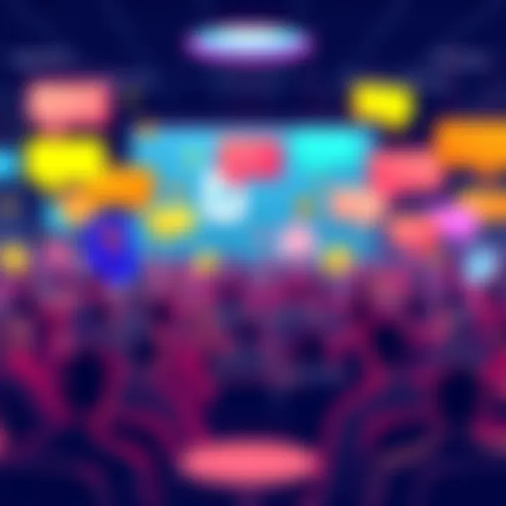 A vibrant community forum discussing cryptocurrency trends with chat bubbles and people sharing ideas.