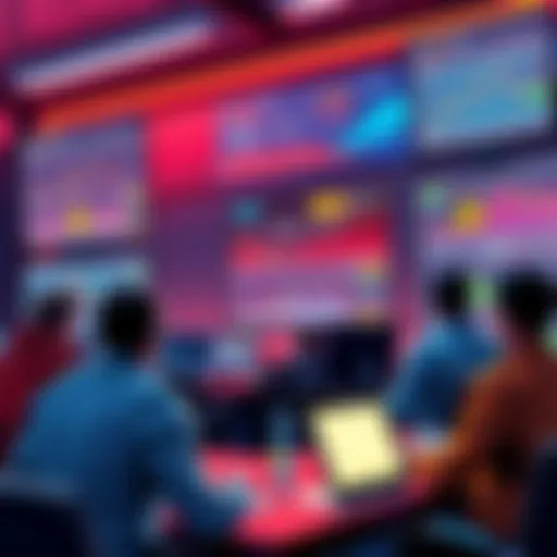 A group of people discussing cryptocurrency on a forum, with charts and warning signs visible on their screens.