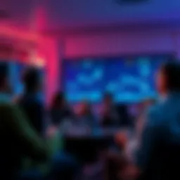 People engaging in a lively discussion about cryptocurrency trends and risks with charts and graphs in the background.