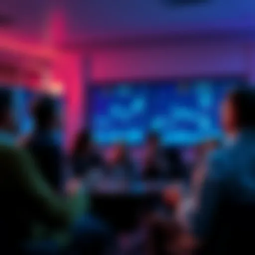 People engaging in a lively discussion about cryptocurrency trends and risks with charts and graphs in the background.