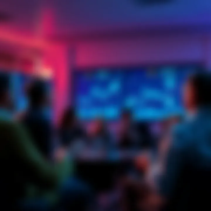 Crypto Discussion Forum People engaging in a lively discussion about cryptocurrency trends and risks with charts and graphs in the background.