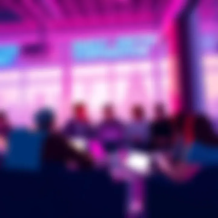 A group of people discussing cryptocurrency in a casual setting, with laptops and digital devices around them.