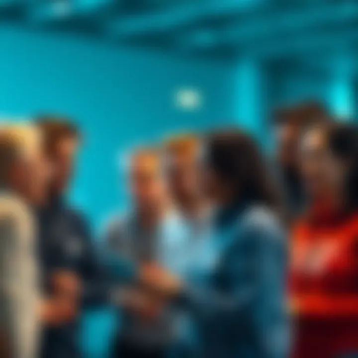 Crypto Discussion Group A diverse group of people engaged in a lively discussion about cryptocurrency on social media platforms.