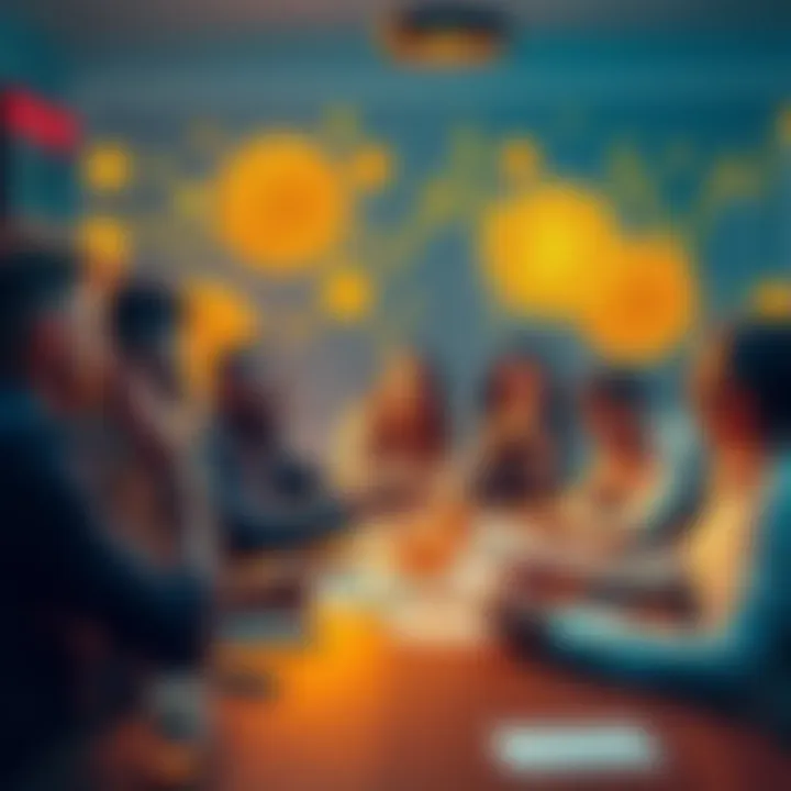 A diverse group of people enthusiastically discussing cryptocurrency at a table, with Bitcoin symbols and charts in the background.