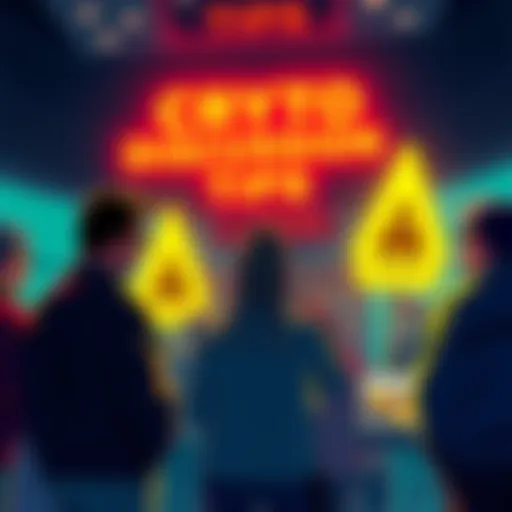 A group of people discussing cryptocurrency safely, with caution signs and trade tips displayed.