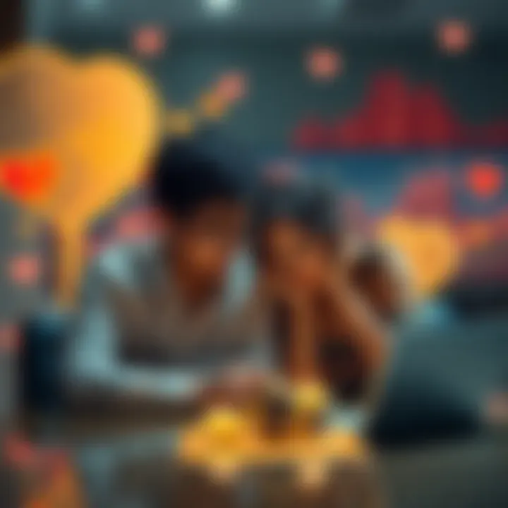 A couple sitting at a table looking distressed, with cryptocurrency symbols and broken heart imagery in the background, symbolizing the impact of financial success on relationships during divorce.