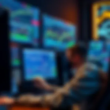 A crypto enthusiast in front of multiple computer screens showing trading graphs and digital currencies