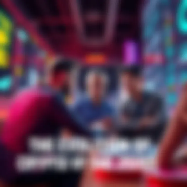 A group of modern cryptocurrency enthusiasts discussing investment strategies and technology in a vibrant setting.