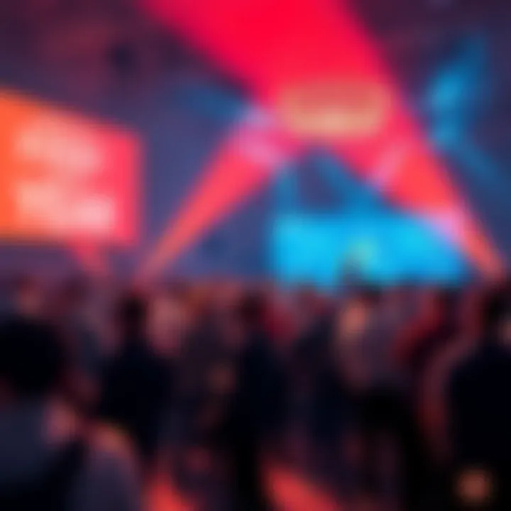 A group of people networking at a cryptocurrency event with speakers presenting on stage.