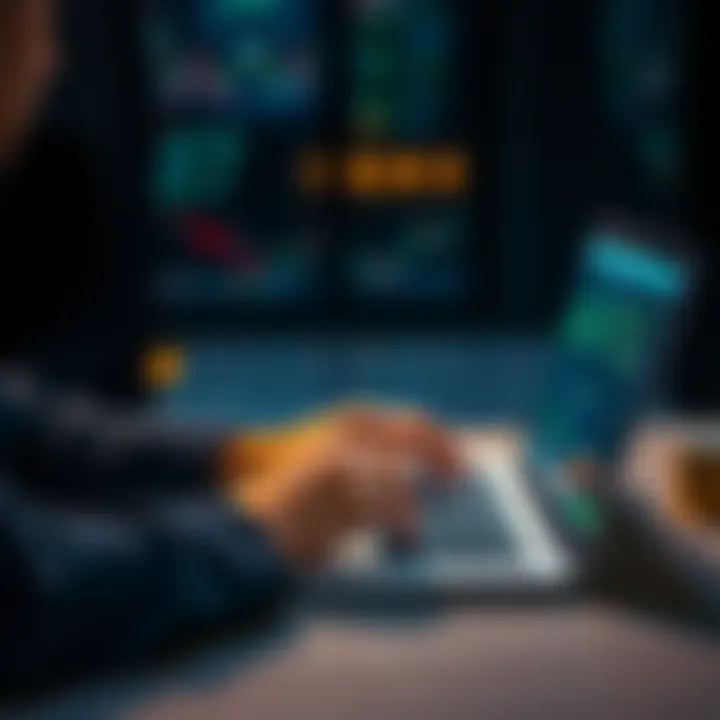 Person Using Laptop for Cryptocurrency Exchange Individual securely swapping cryptocurrency on a laptop with a focus on privacy and anonymity