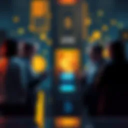 A group of crypto experts discussing the integration of the digital euro into ATMs with digital currency icons around them.