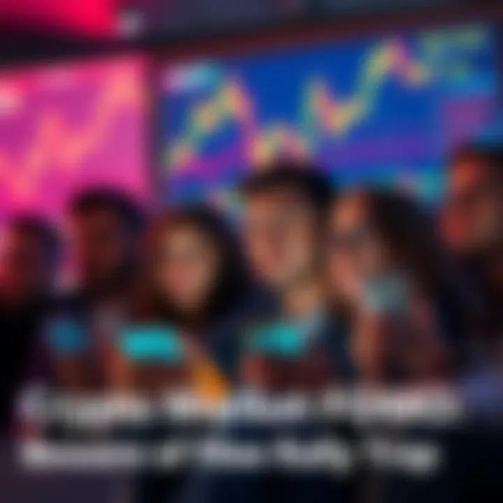 A group of people looking at their phones with worried expressions as cryptocurrency prices fluctuate on a screen in the background