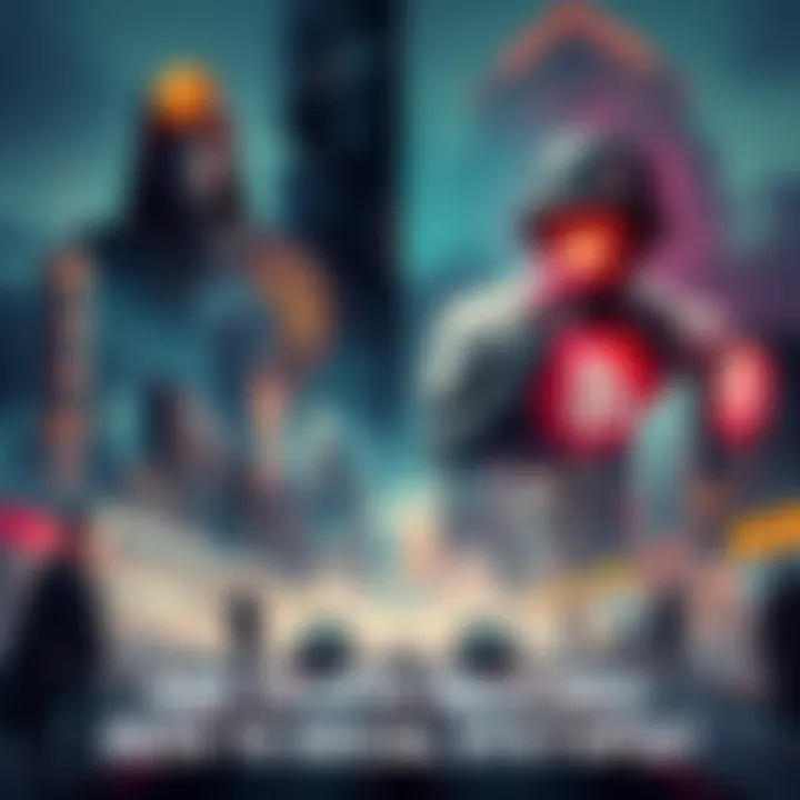 A visual representation of a futuristic city split between two factions, one representing pro-crypto ideals and the other opposing them, symbolizing the divide in society.