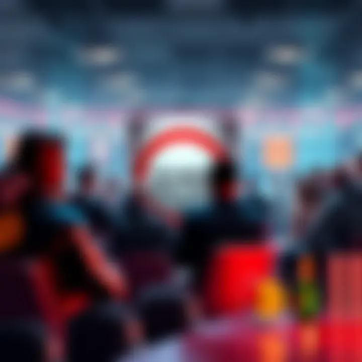 A group of people discussing cryptocurrency rules at a forum, with a sign indicating no price posts allowed