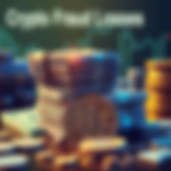 Illustration showing stacks of money and a broken digital coin symbolizing crypto fraud losses