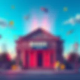 An illustration of a bank building with cryptocurrency symbols around it, representing crypto-friendly banks in Australia.
