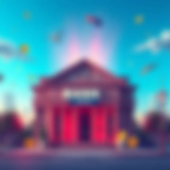 Crypto-Friendly Banks in Australia An illustration of a bank building with cryptocurrency symbols around it, representing crypto-friendly banks in Australia.