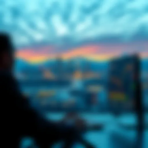 A person trading Bitcoin and Ethereum futures on a computer with Alberta skyline in the background