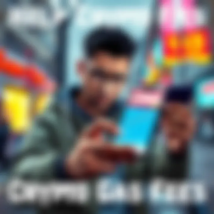 Person holding a smartphone looking at crypto gas fee information, with a frustrated expression, in a city setting, symbolizing the challenges of acquiring gas fees on cryptocurrency networks