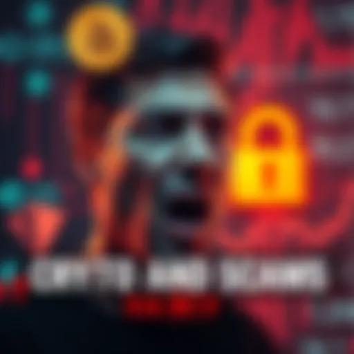 A visual representation of a person shocked by financial losses related to crypto scams, with digital currency symbols in the background and a lock symbol showing cybersecurity concerns.