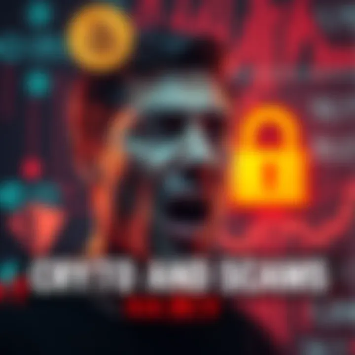 A visual representation of a person shocked by financial losses related to crypto scams, with digital currency symbols in the background and a lock symbol showing cybersecurity concerns.