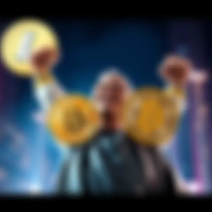 A visual showing a person celebrating their Litecoin holdings surpassing Bitcoin, with Litecoin and Bitcoin logos displayed prominently.