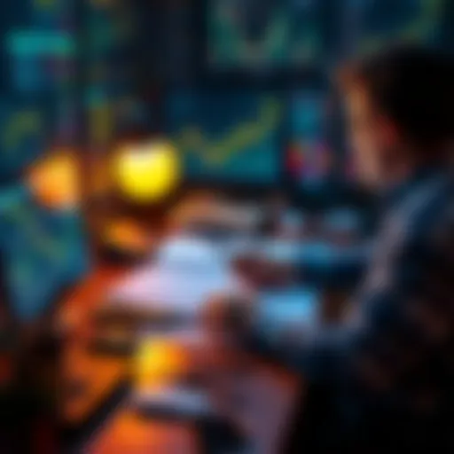 A person analyzing cryptocurrency charts and financial documents at a desk