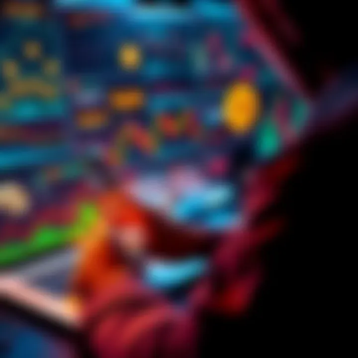 A person using a smartphone and laptop to track cryptocurrency news and updates, surrounded by graphics of coins and charts.