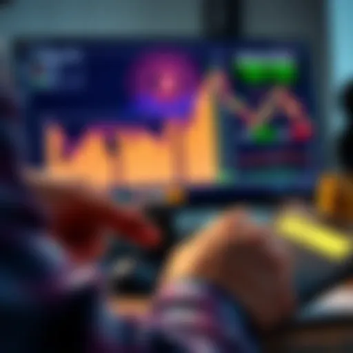 A person calculating potential earnings from cryptocurrency interest with a calculator and digital assets displayed on a screen in the background.