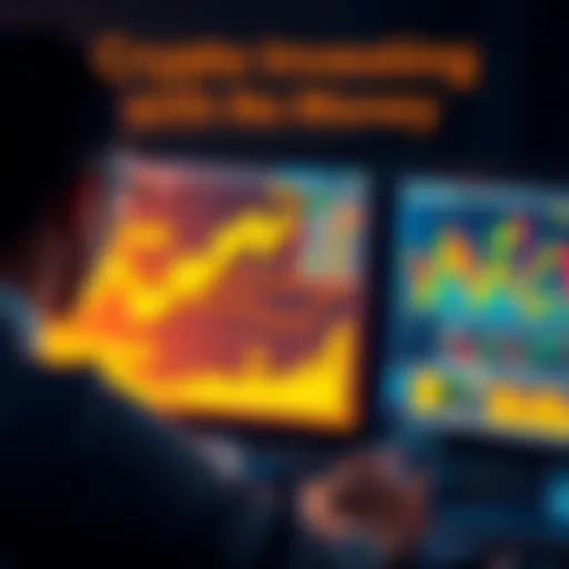 A person looking at a computer screen displaying cryptocurrency charts and graphs, symbolizing beginner investment without cash.