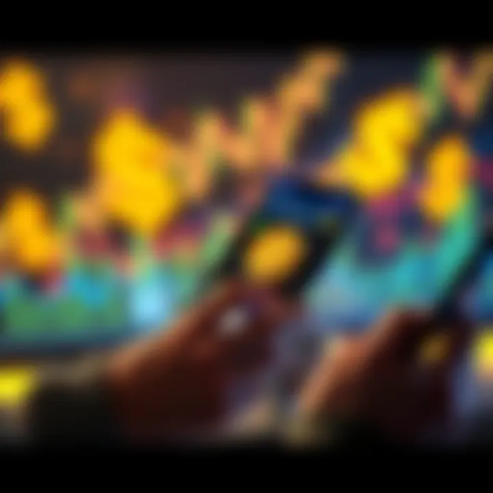 Person using a crypto app on a smartphone A person checking cryptocurrency investments on a smartphone with dollar signs and charts in the background