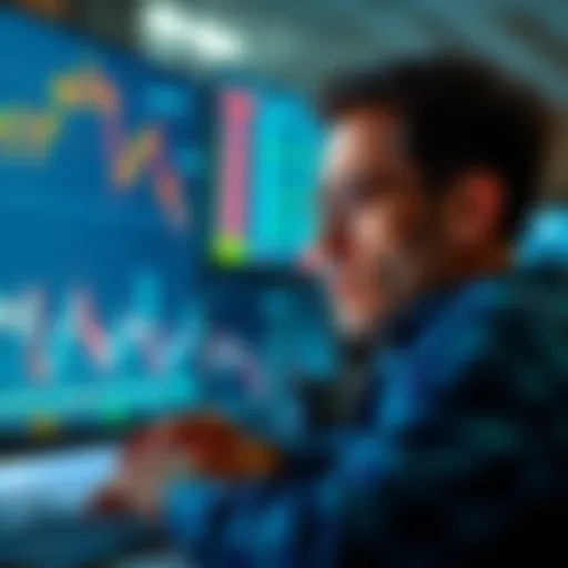 A worried investor looking at falling cryptocurrency prices on a computer screen, with charts showing a downward trend.