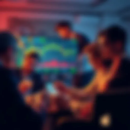 A group of people discussing cryptocurrency strategies online, displaying charts and graphs on their devices, with concerned expressions as they analyze market trends.