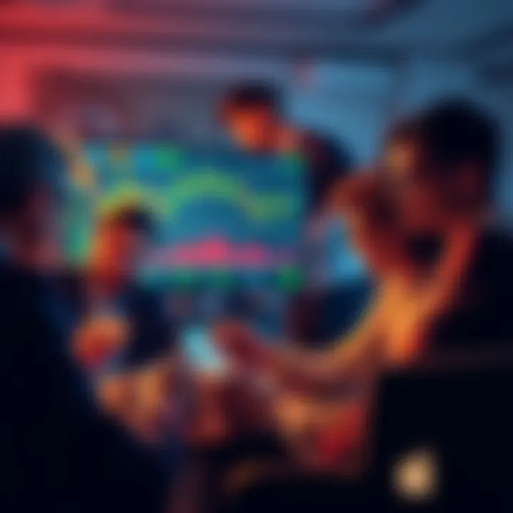 A group of people discussing cryptocurrency strategies online, displaying charts and graphs on their devices, with concerned expressions as they analyze market trends.